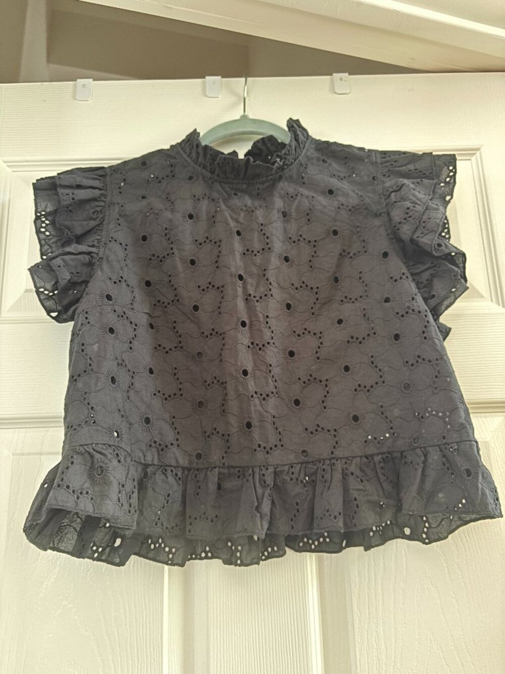 Girls Eyelet Embroidered Cotton Peplum Top Ruffle Neck